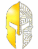 Half Spartan helmet, half circuit board design on blue background.